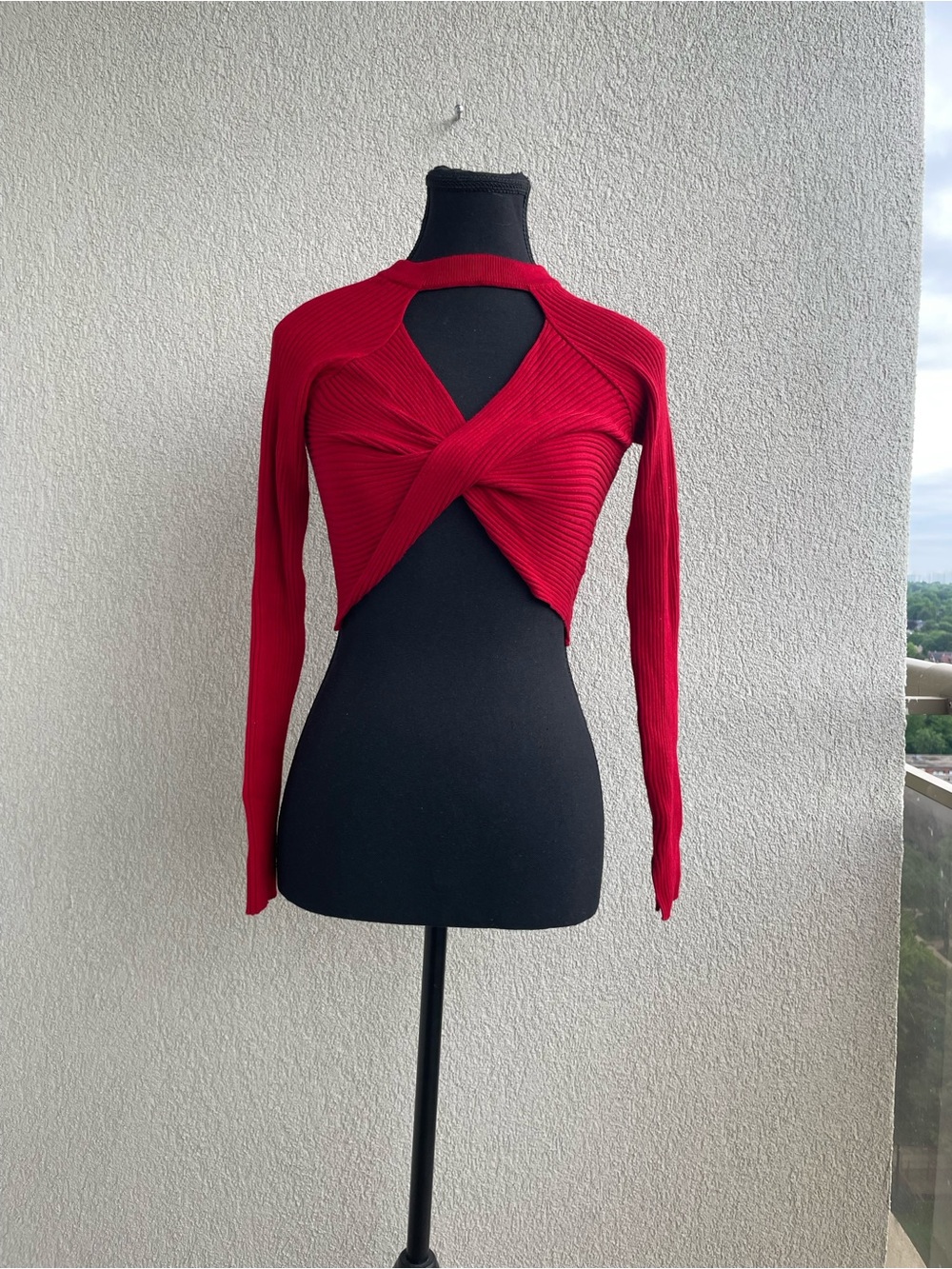Twist-Front Red Ribbed Long Sleeve Knitted Crop Top